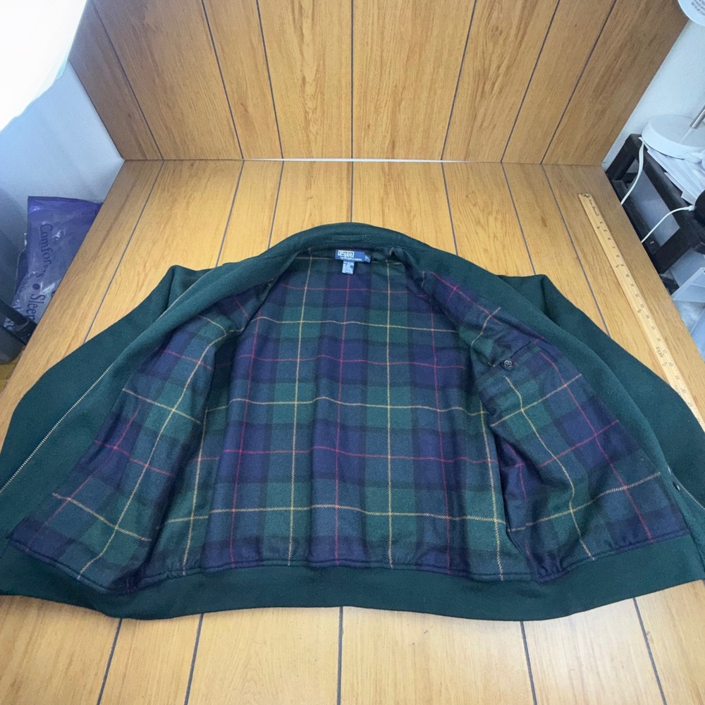 VTG Polo Ralph Lauren‎ Mens Wool Bomber Jacket Green Plaid Lined Full Zip Large